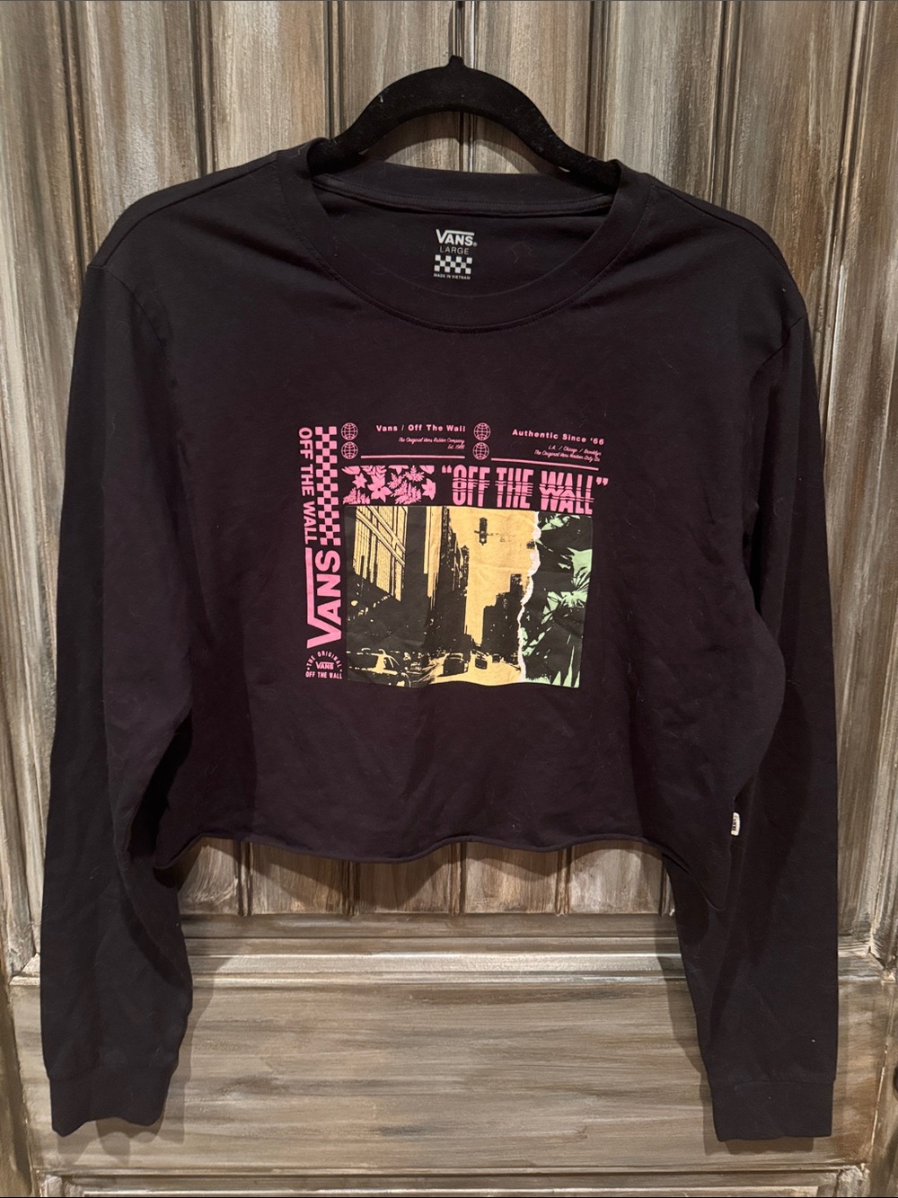 Vans Black Cropped Long Sleeve Shirt with Pink and Yellow Graphic